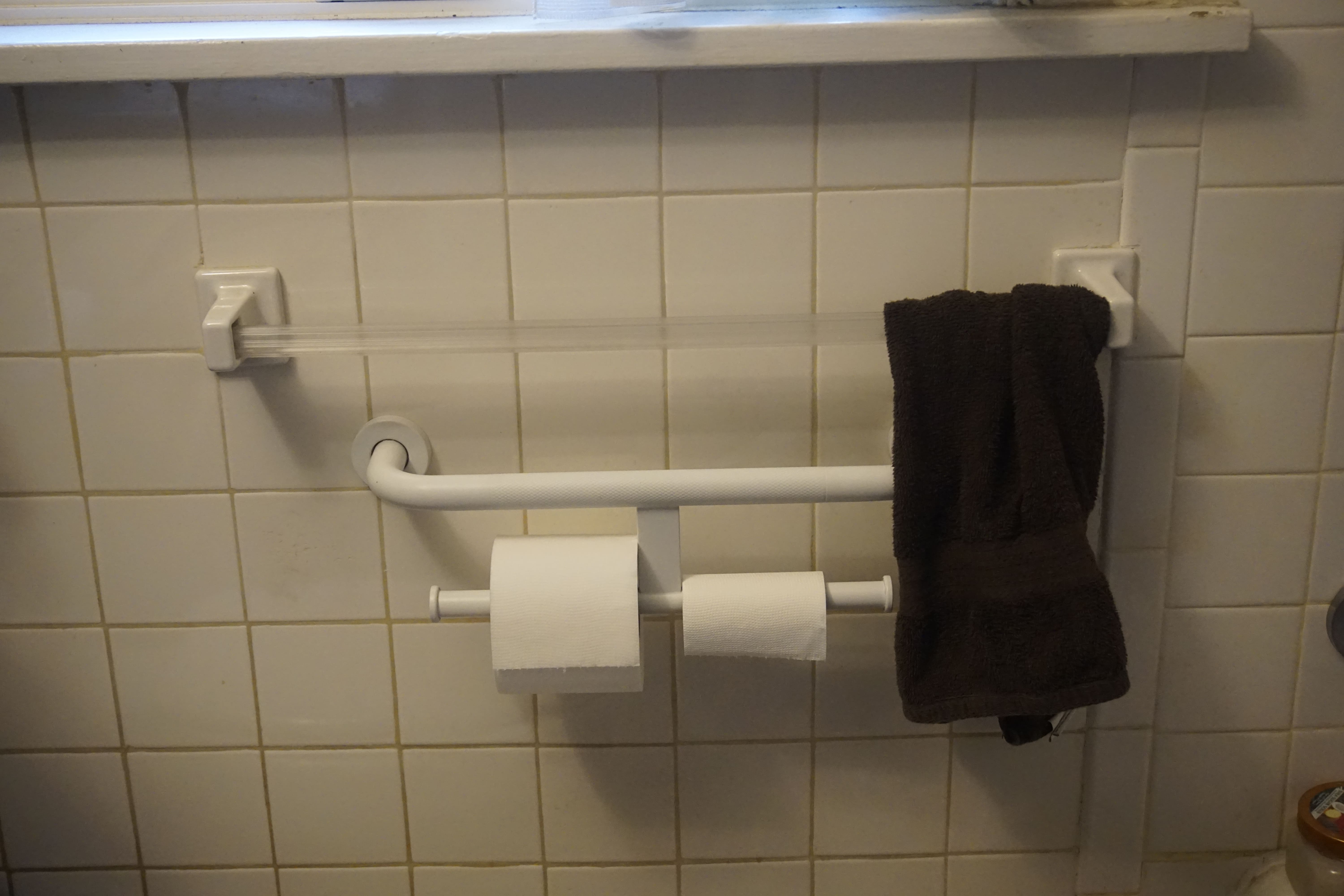 Bathroom grab bar with integrated toilet paper holder mounted below a towel bar