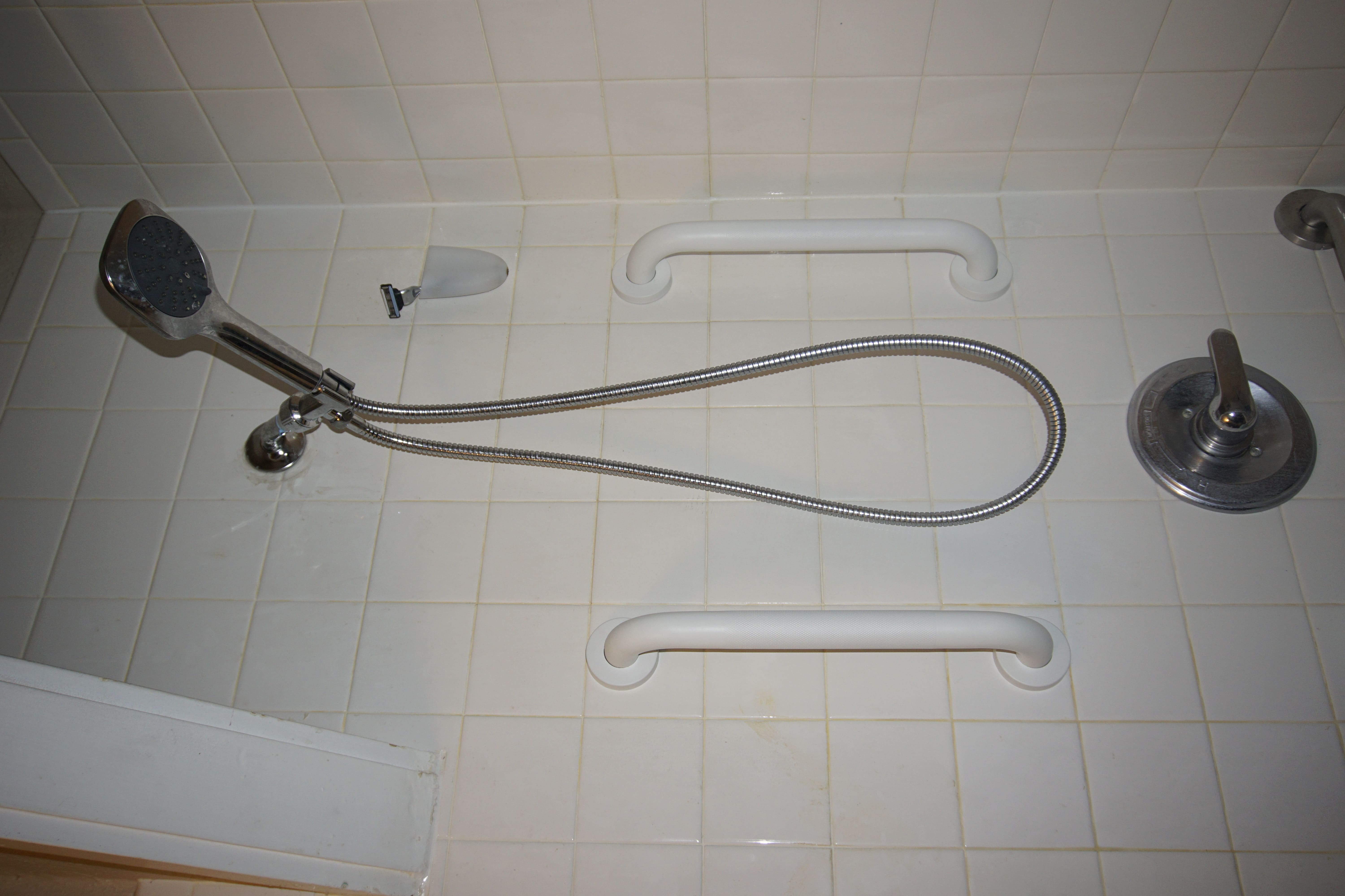 Shower wall with grab bars and handheld shower head for bathroom accessibility